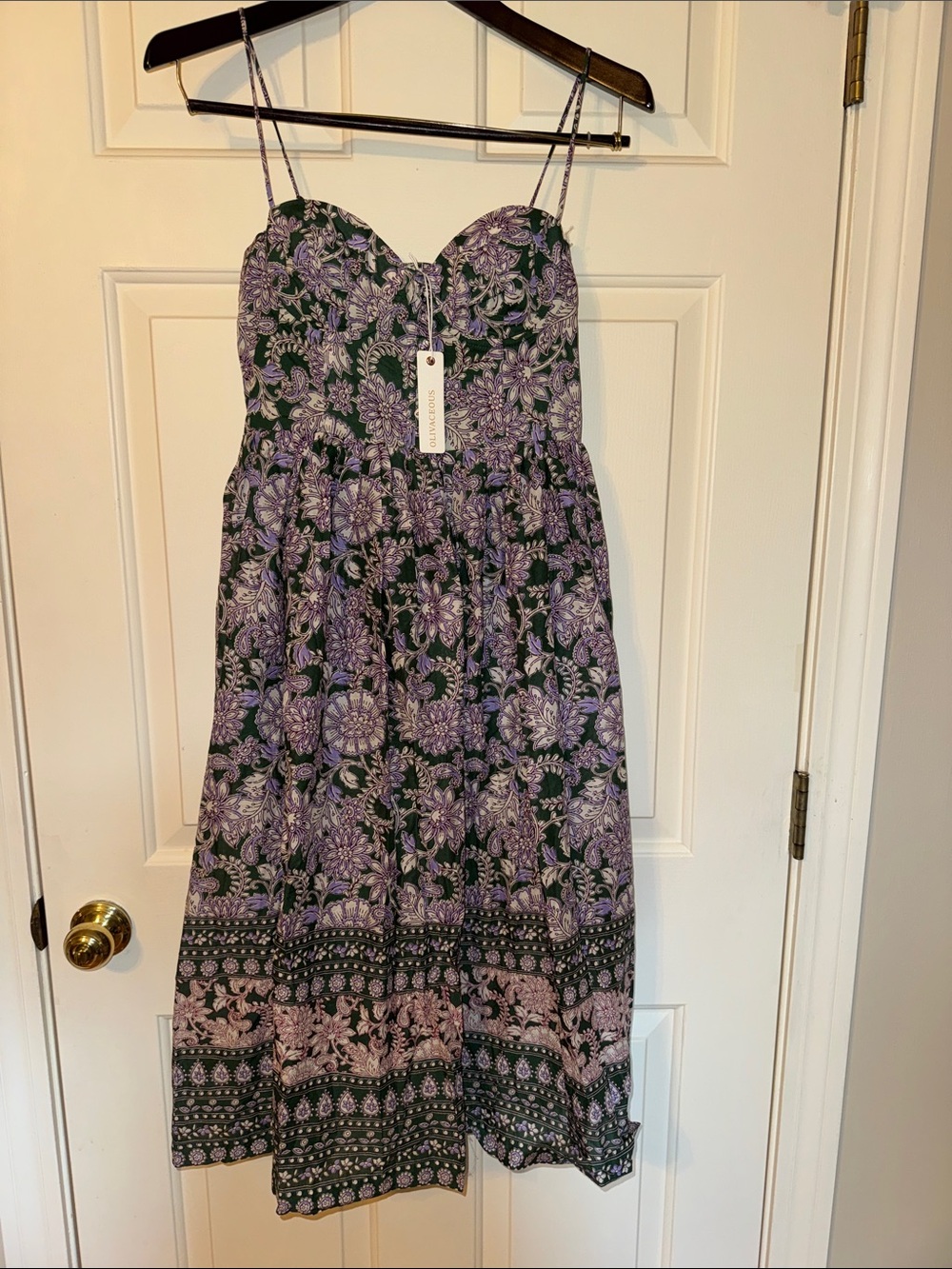 Olivaceous Purple and Green Floral Spaghetti Strap Breezy Midi Dress